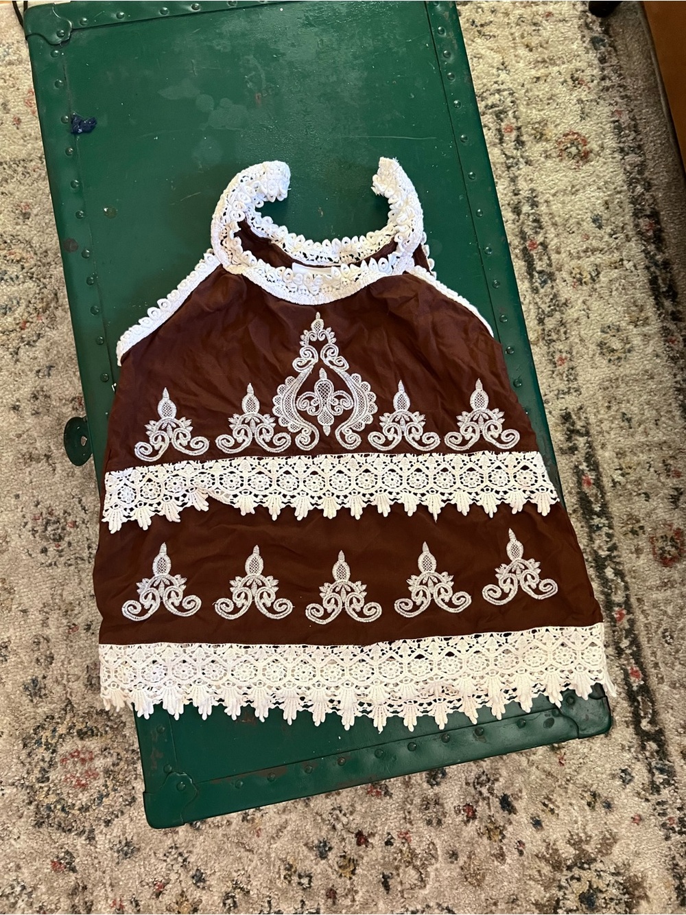 Brown Halter Top with White Lace Trim - Women's
